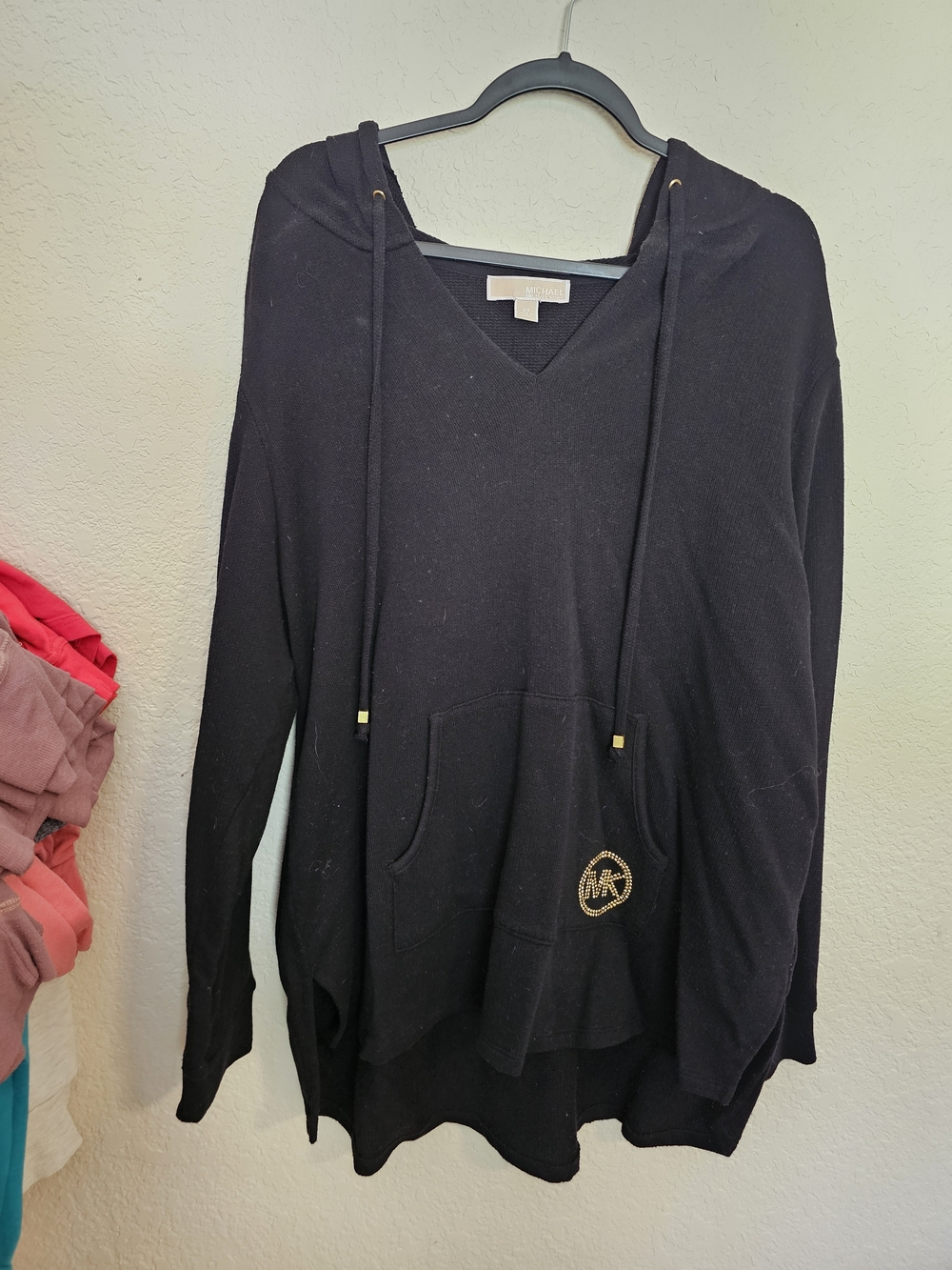 Michael Kors Black V-Neck Hooded Pullover with Gold Logo